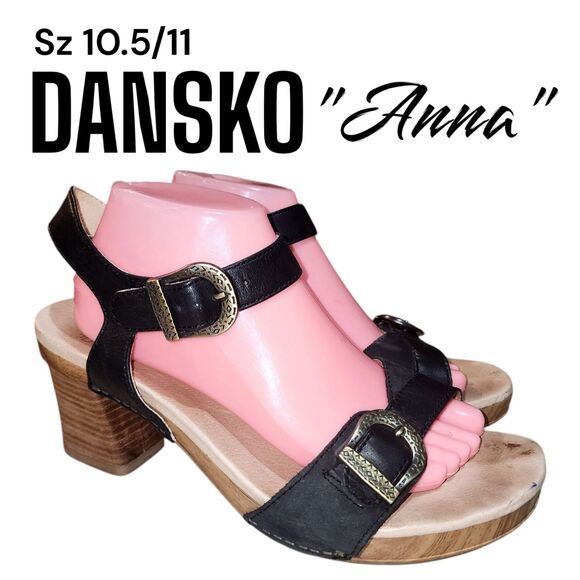 DANSKO ANNA 10.5/11 Black Leather Wooden Block Heel Ankle Buckle Boho Sandals - Picture 1 of 12